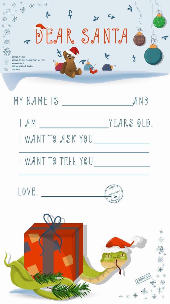 A letter for Santa Claus with lines to fill in wishes and data A snake wraps around a gift box vector