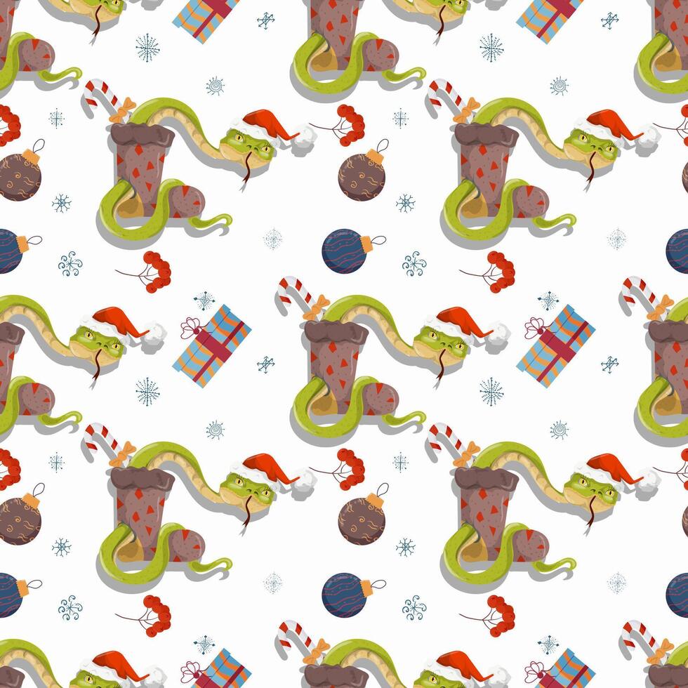 Seamless illustration on the theme of New year and Christmas A snake comes out of a sock with gifts vector