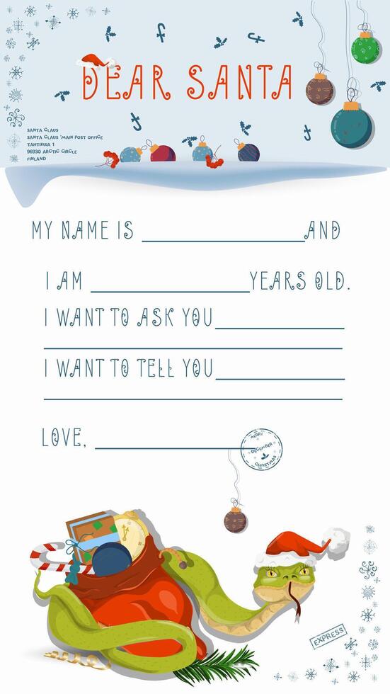 A letter for Santa Claus with lines to fill in wishes and data, A snake wraps around a Bag of gifts vector