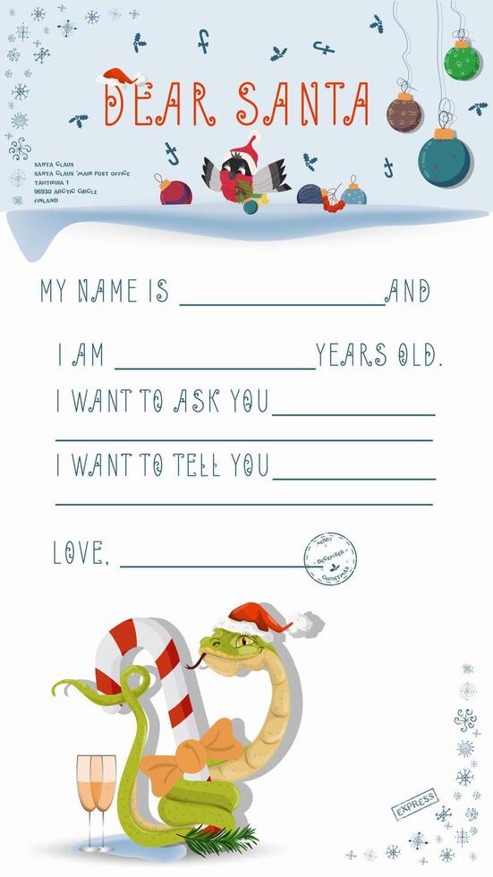 A letter for Santa Claus with lines to fill in wishes and data A snake wraps around a candy vector