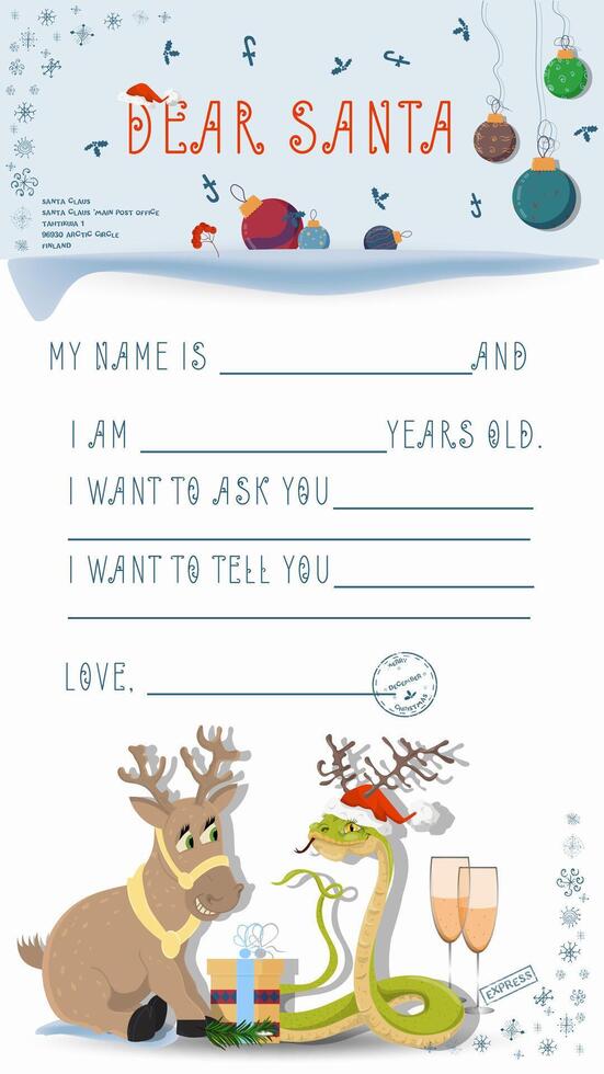 A letter for Santa Claus with lines to fill in wishes and data A Snake and a Deer look at each other vector