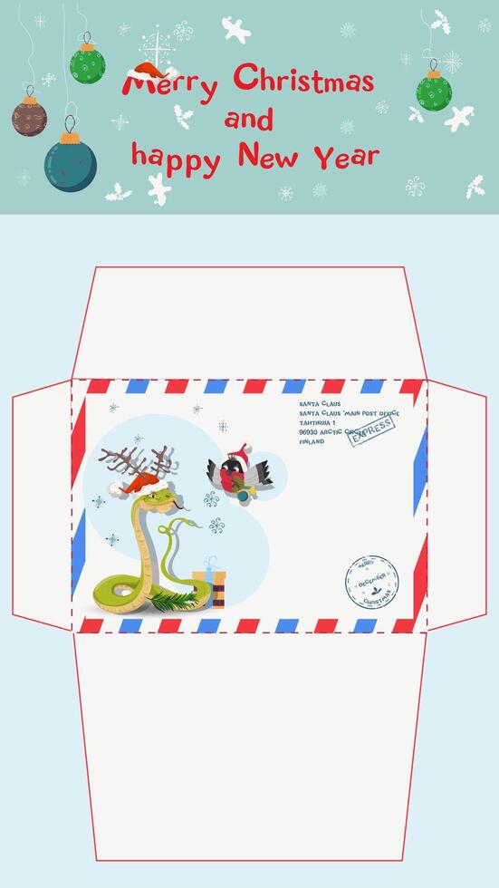 A postal envelope for Santa Claus a symbol of the new year a snake looks at a bird carrying a branch of a fir tree vector