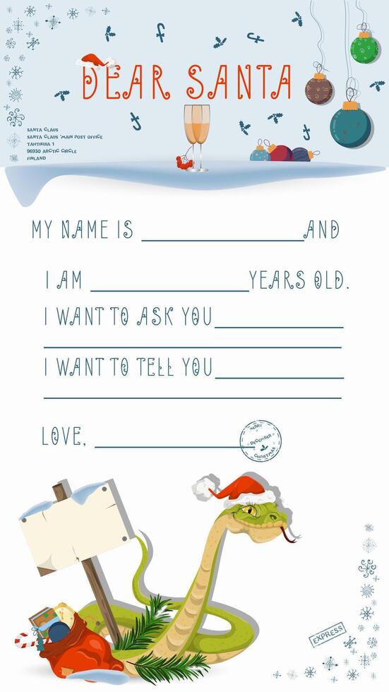 A letter for Santa Claus with lines to fill in wishes and data A snake holding a wooden plaque vector