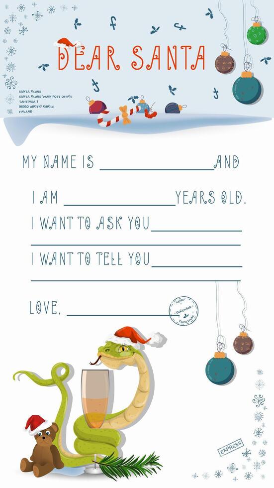 A letter for Santa Claus with lines to fill in wishes and data A snake wraps around a drink glass vector