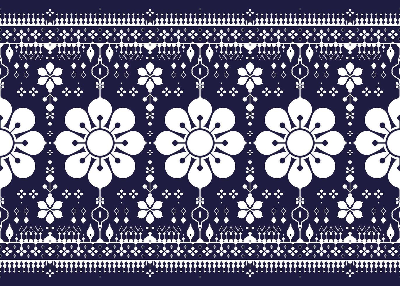 White geometric and floral ethnic fabric seamless pattern on dark blue background, design for cloth, carpet, batik, wallpaper, wrapping etc. vector