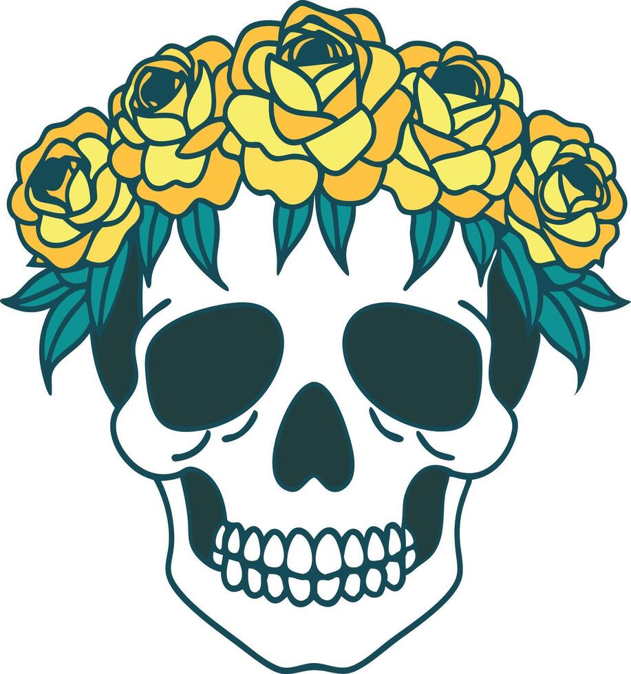 Skull with vibrant yellow flowers, isolated on white background, Halloween or Dia de los Muertos-themed graphics vector