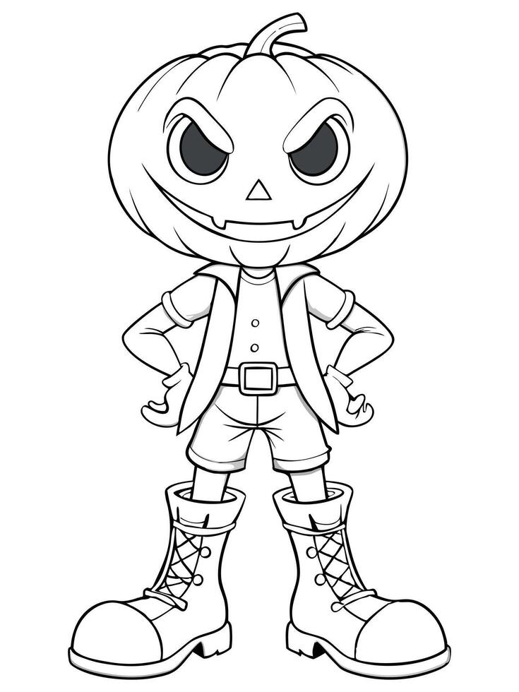 Angry pumpkin-headed character with hands on hips, line drawing for coloring activities vector