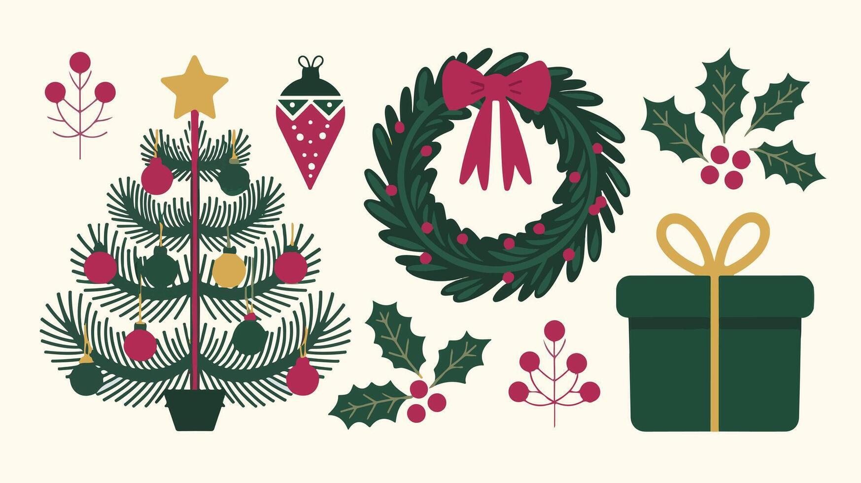 Set of holiday elements, wreath, tree, holly. For festive pattern design, textile, wrapping paper, classic holiday colors. vector