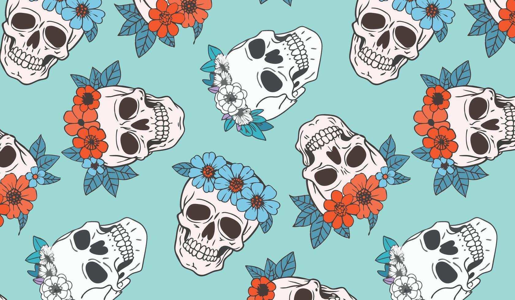 Retro Skull Floral Pattern on Blue Background, vibrant red and blue flower crowns vector