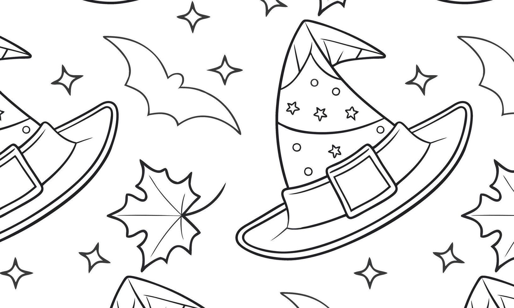 Witch hats, bats, and stars Halloween pattern in black and white vector