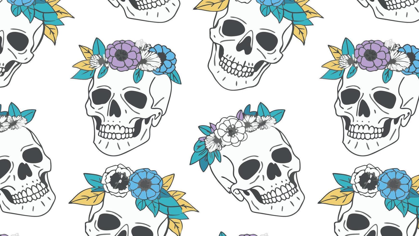 Skull Pattern with Floral Wreaths, for fabric, wallpaper, or digital prints. vector