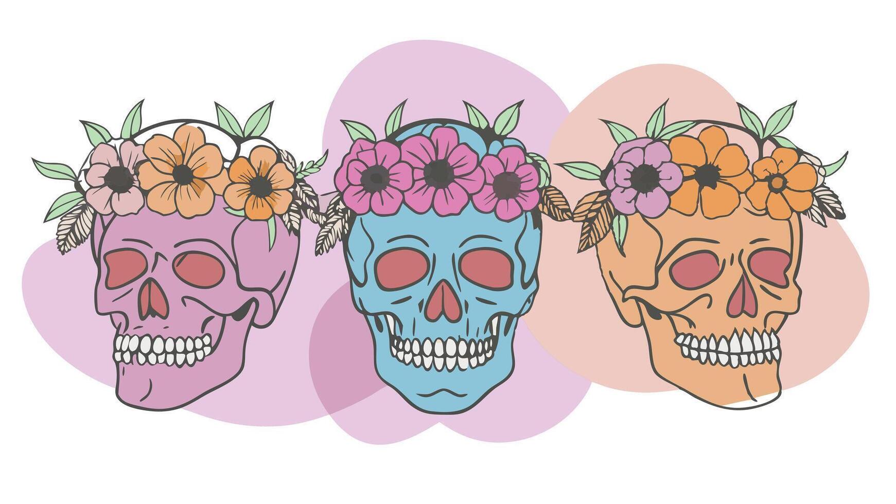 Skulls in pastel tones with flower crowns. Halloween or Day of the Dead celebrations vector