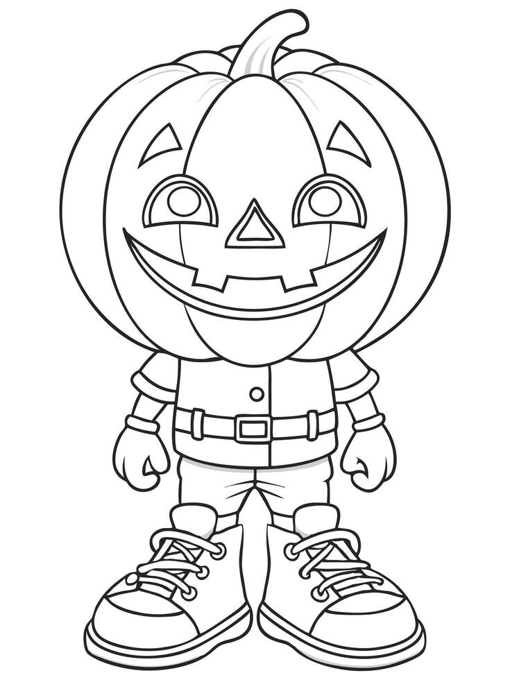 Easy-to-color line drawing of a Halloween pumpkin head character in a simple outfit vector