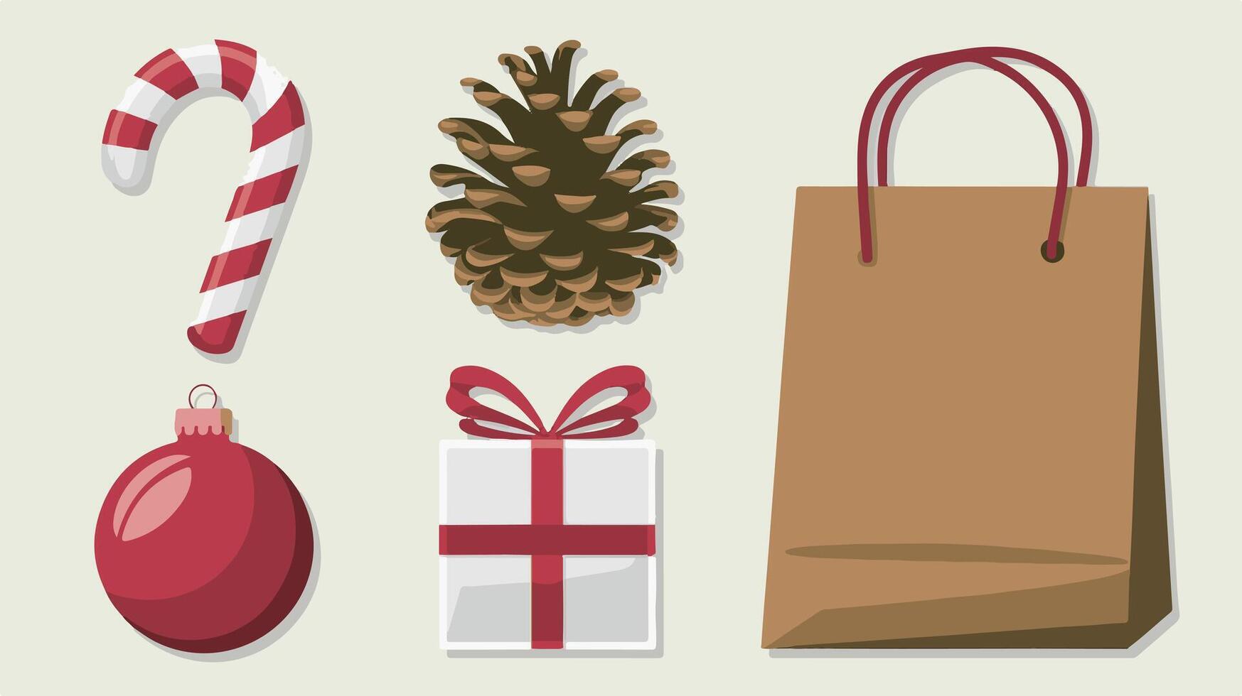 Mix of holiday elements, gift box, pine cone, candy cane, gift bag, flat style vector
