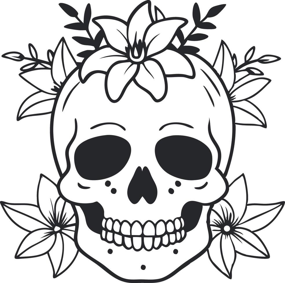 Skull with flowers, black and white, for tattoo designs, web graphics, apparel, gothic designs, isolated on white background vector