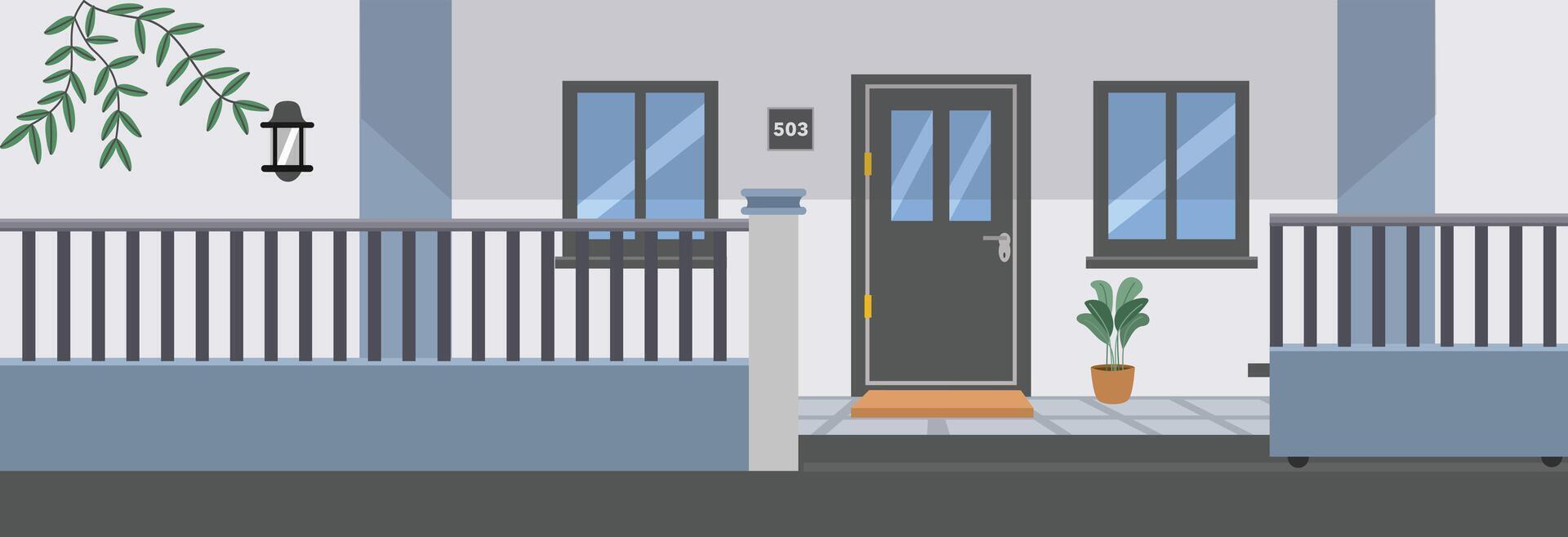Modern house facade with fence. Front door house. vector