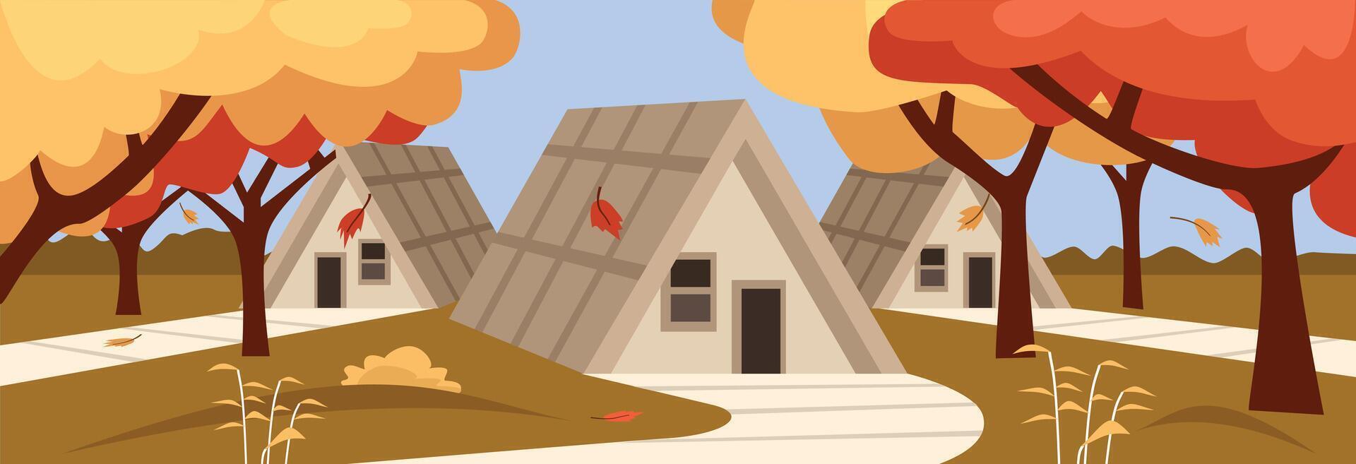 Glamping in the autumn forest. Glamping scenery. Glamping site for holiday. Autumn park. Fall season scene. Glamorous camping. Luxury camping. Cabin in fall season. vector