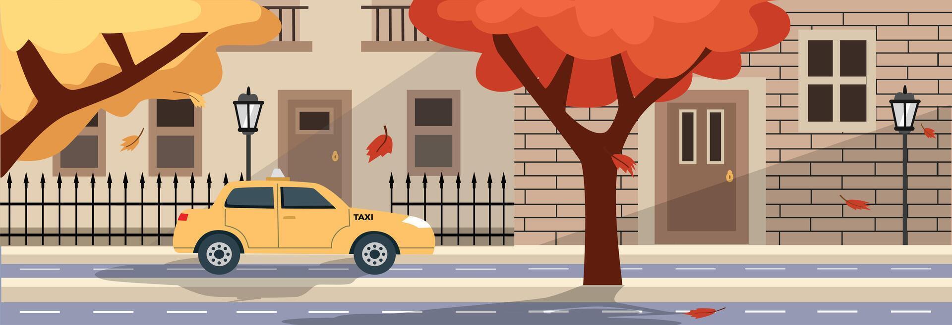 Autumn scene. Autumnal house. Autumn street. Cozy autumn house. Front door fall house. Home in fall. Fall season. Autumn vibes. Harvest time. Autumnal equinox. Taxi in front of home. Fall trees. vector