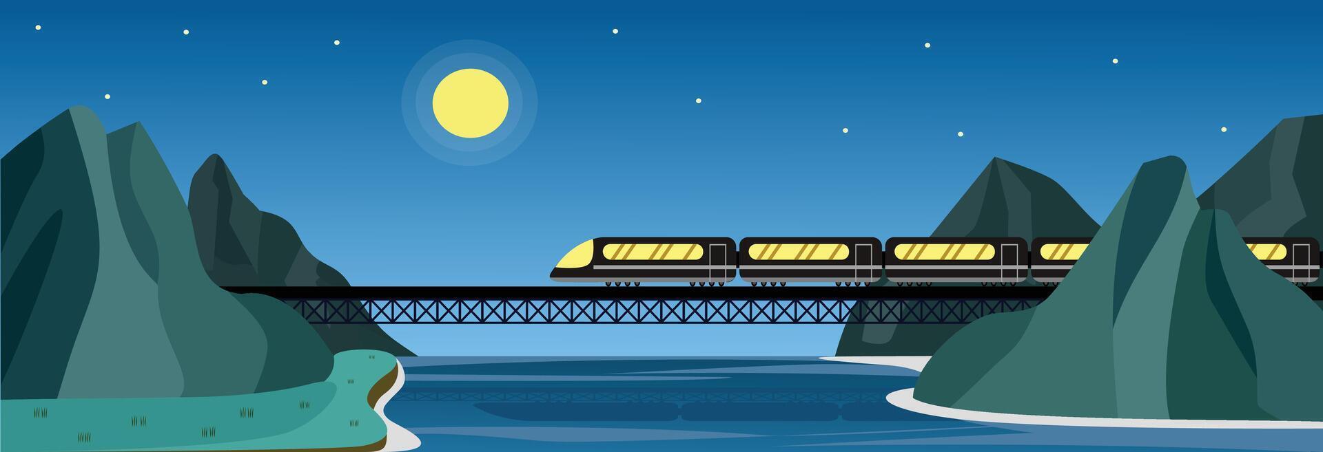 Train through the hill at night. Train view at night vector