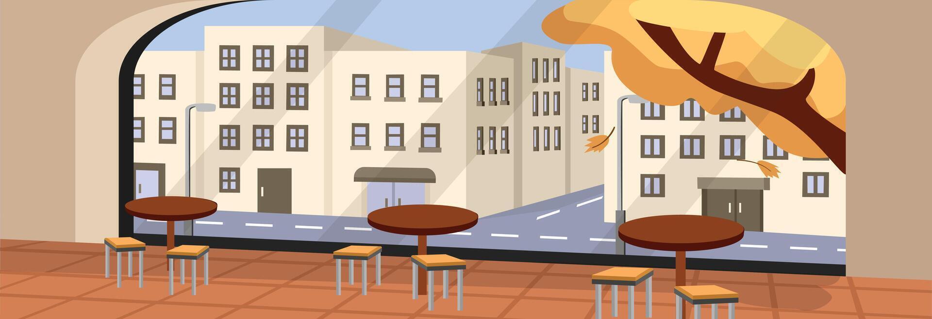Fall coffee shop. Cozy autumn cafe. Cafe interior. Autumn building. Street in front of cafe. Fall scene. Downtown in autumn season. Cafe in fall season. Restau building. Table and chair in restaurant. vector