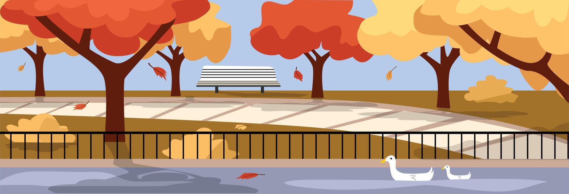 Autumn yard. Autumn park. Swan in the lake. Lake around the park in autumn season. Autumn wind. Bushes in the yard. Public park in autumnal season. Chair in the courtyard. Park fence. vector