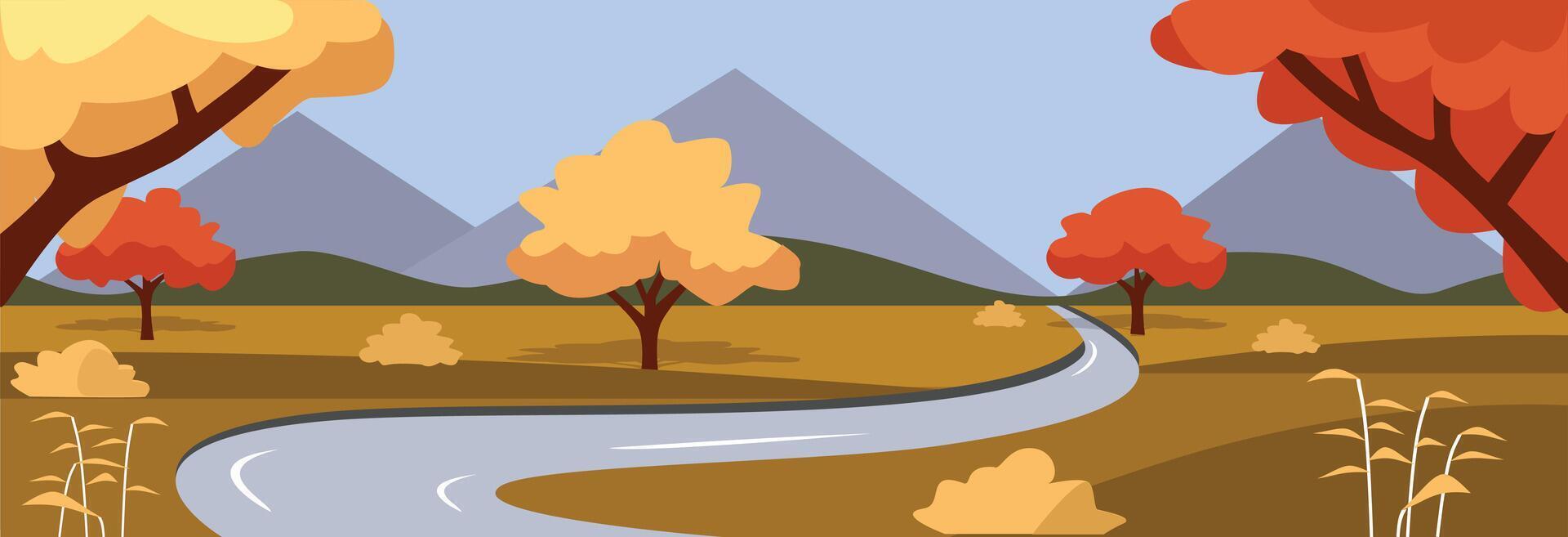 Autumn hill illustration. Hill in fall season. River on the hill. Autumn savanna landscape. River in autumn season. Mountain in fall season. vector