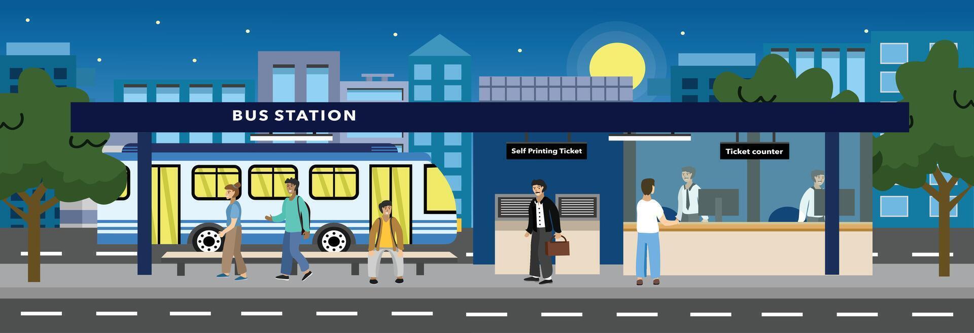 Bus Station at night. People after work go home by bus vector