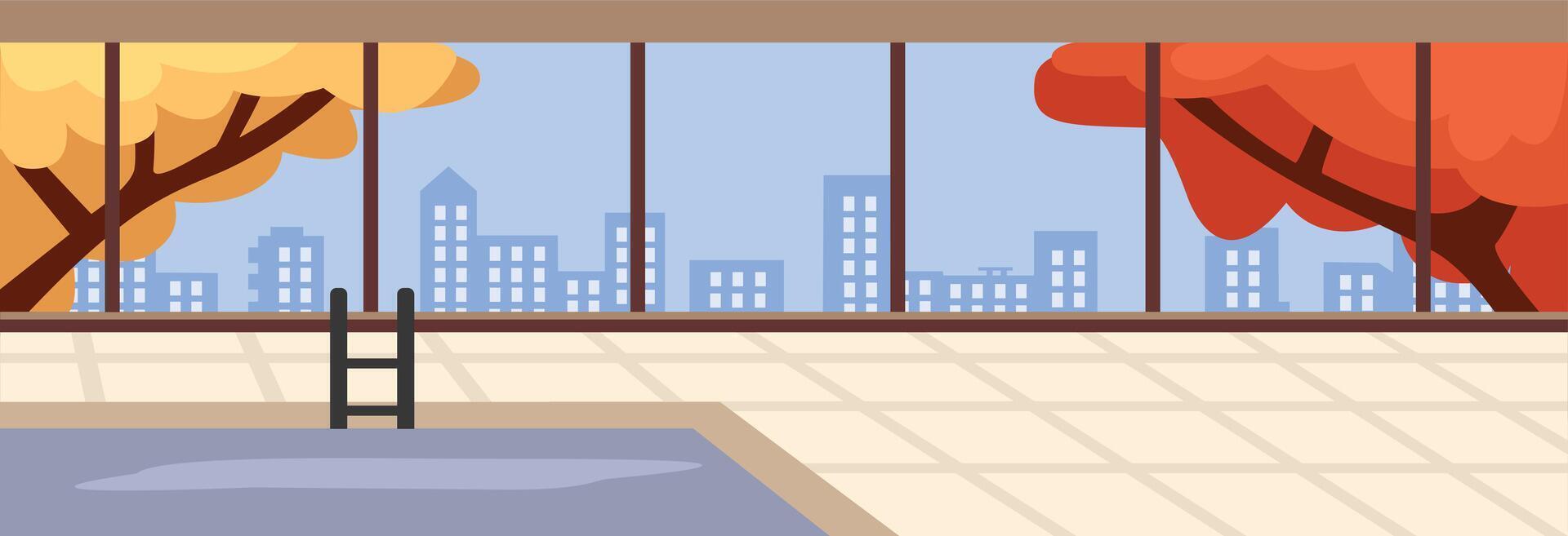 Autumn pool illustration. Swimming in the autumn time. Building outside room. Indoor swimming pool. Autumn swimming pool. Swimming at fall season. Autumnal trees. Autumn window. vector