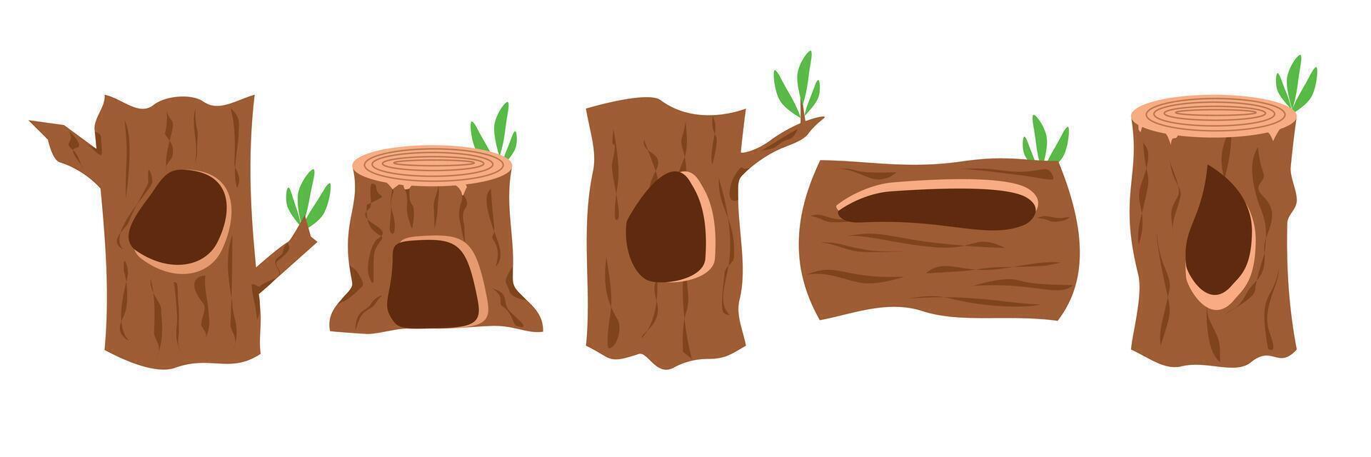 Tree hole illustration. Hollow tree art. Animal home stock. Leaves in tree holes. vector