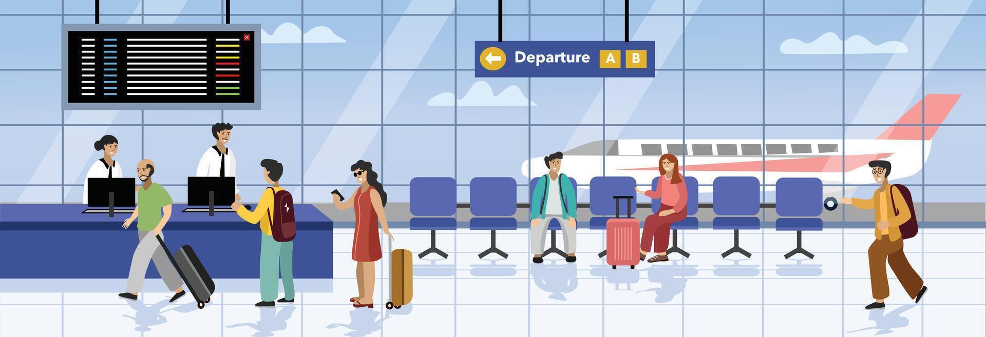 Airport departure gate scene. Airport registration. Airport security checking. vector