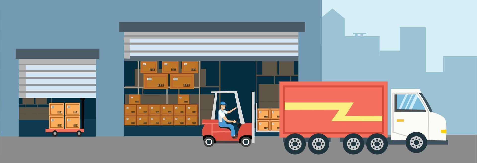 Warehouse distribution. Warehouse truck. Warehouse container. Warehouse worker. Warehouse operation. vector