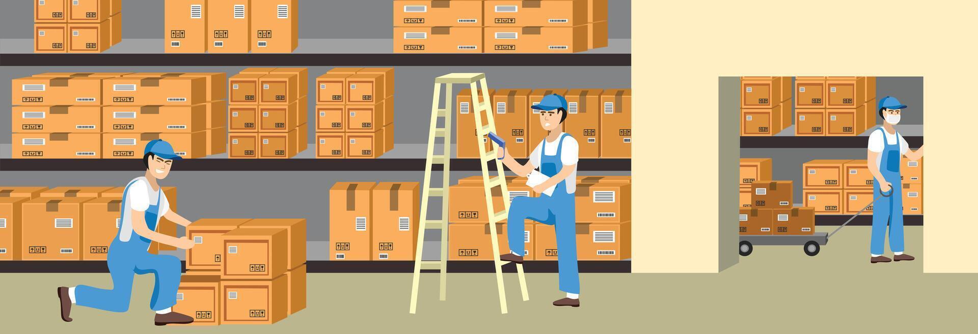 Warehouse operation worker illustration. Warehouse scene. vector