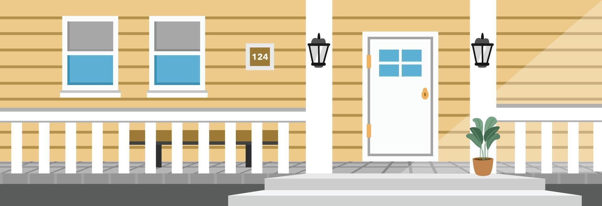 Wooden house facade. Front door house. vector
