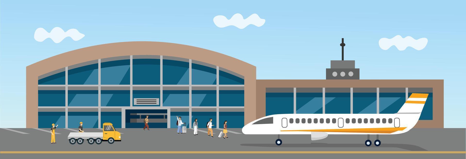 Airplane in the airport. People want to holiday by airport. Plane want to take off. vector