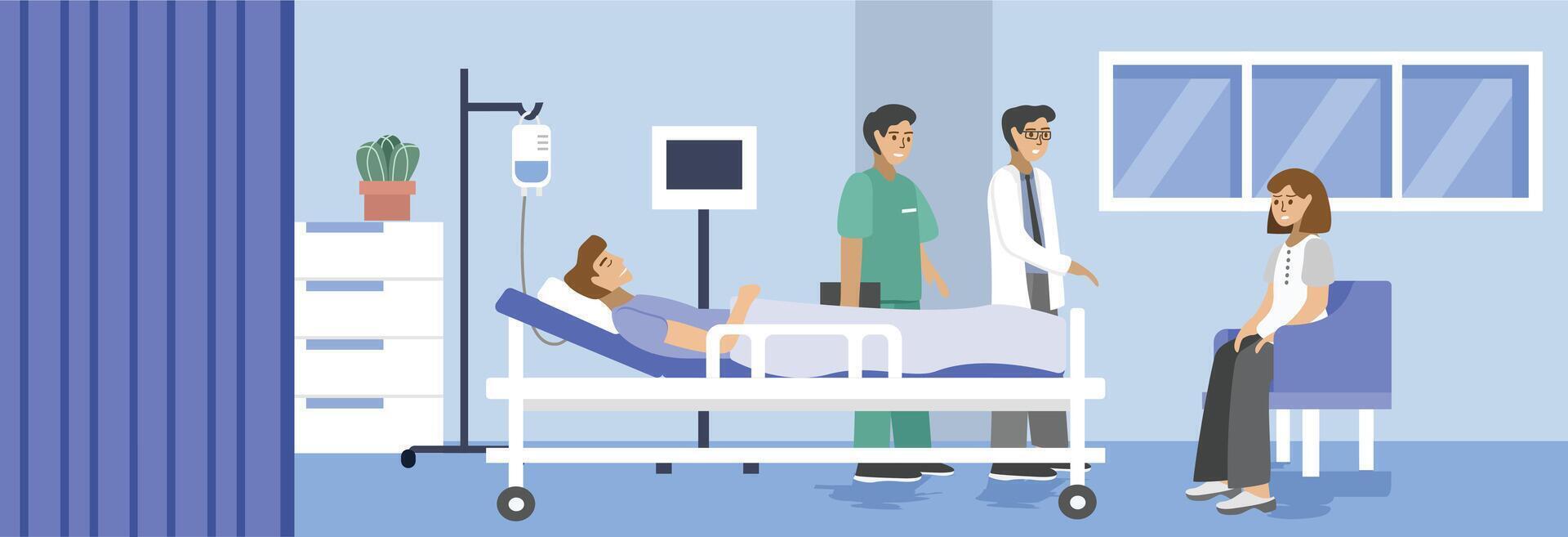 Coma patient. Doctor and nurse checking patient in hospital room. Doctor talking about patient condition. Hospital room. Patient laying in the hospital bed. Hospital ward. vector