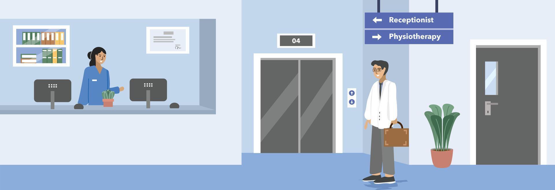 Doctor in front of elevator. Hospital direction sign. Elevator in the hospital. Administration unit in the clinic. Hospital reception. Clinic registration place. vector
