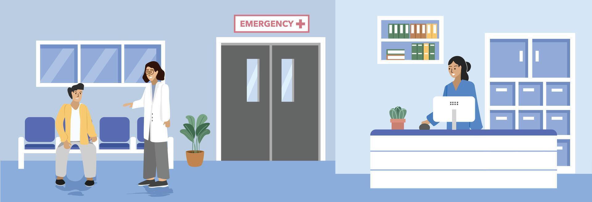 Doctor talk with patient family in front of emergency room. Hospital administration. Health care services. Clinic reception. Hospital front desk. Patient registration. vector