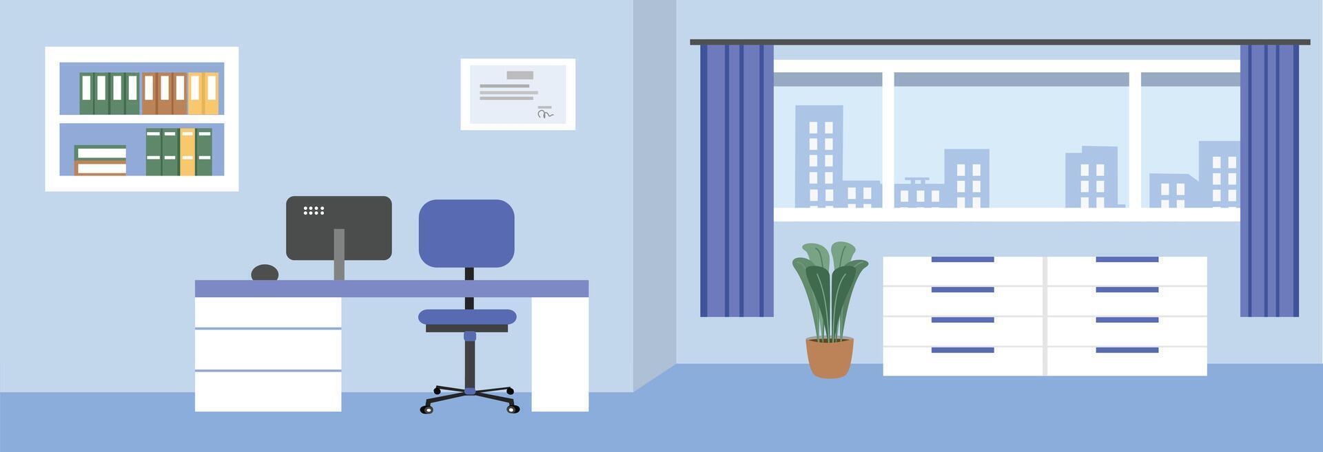 Modern doctor room illustration. Doctor office in hospital. Doctor office with city view. Interior design medical doctor office. Health care administration. Public health care. Office furniture. vector