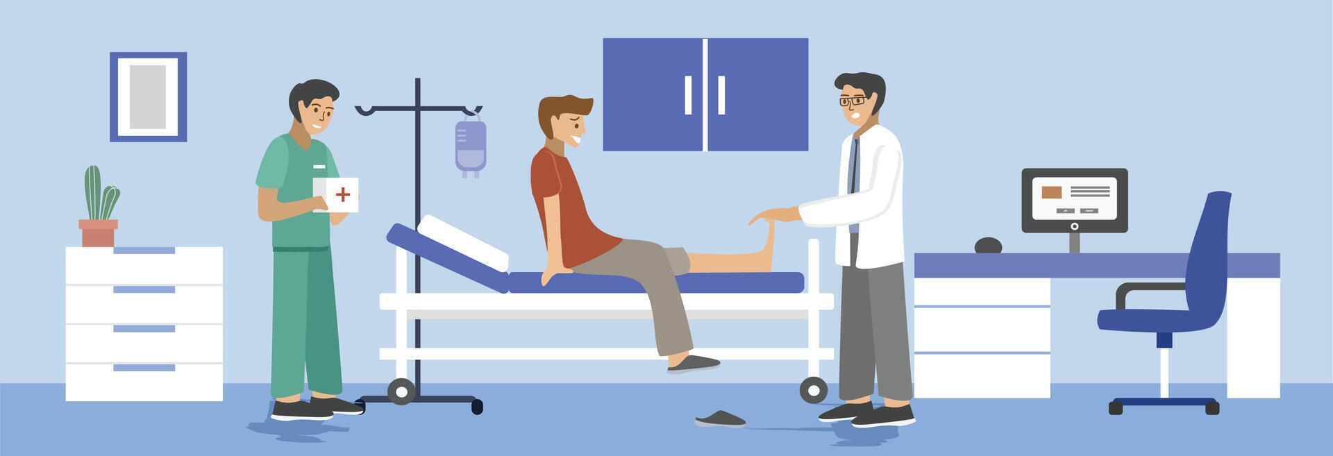 Fracture patient illustration. Bone fracture. Emergency team. Trauma patient. Trauma center. First aid fracture. Patient in hospital with doctor and nurse. Orthopedic doctor. vector