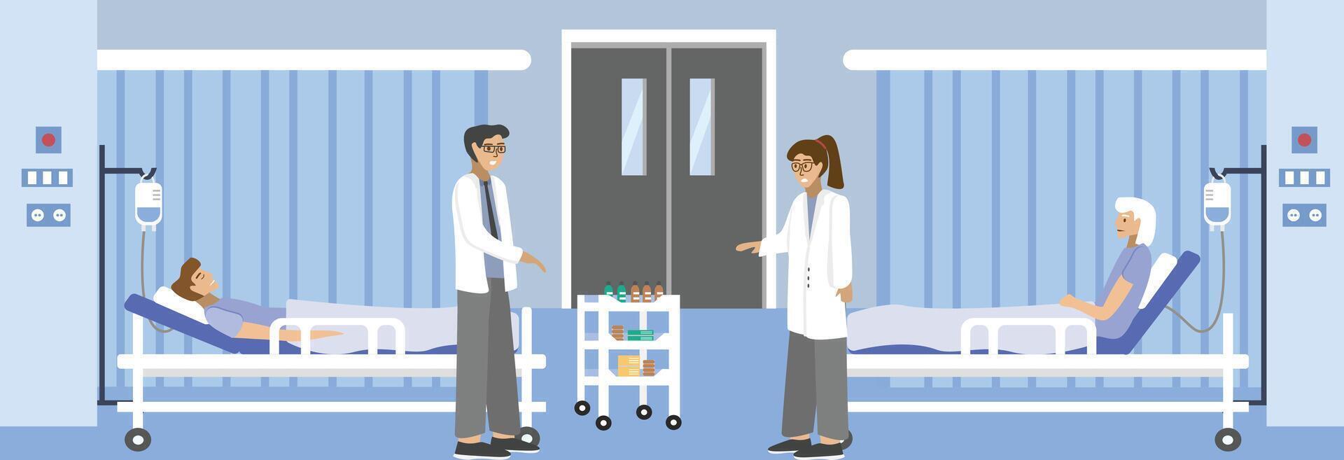 Hospital ward illustration. Hospital bed. Doctor check patient condition in the hospital room. Doctor discuss about patient condition. Medical center. Nursing service. vector