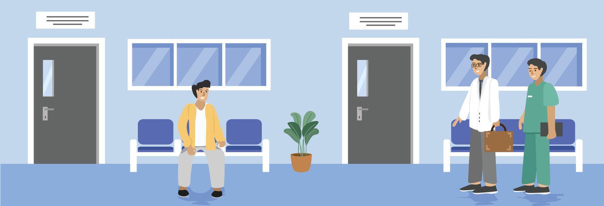 Doctor and nurse walking in the hospital hallway. People waiting in the clinic. Patient waiting in front doctor room. Health care. Public health services. vector