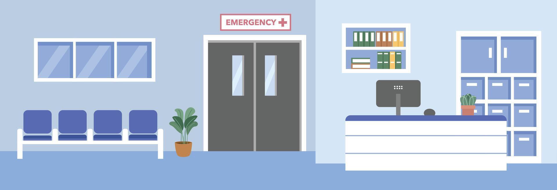 Hospital emergency room illustration. Hospital administration desk. Hospital waiting room. Hospital scene. Public health care. Medical center. Emergency room illustration. Clinic reception desk. vector