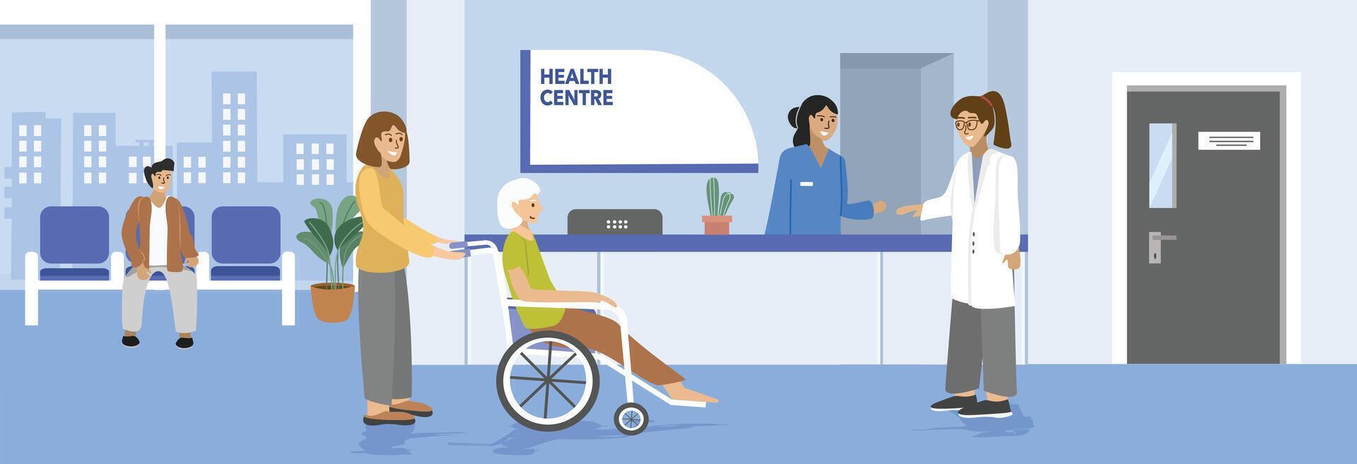 Hospital reception illustration. Clinic reception. Medical center administration. Public health care. Health care services. Health center. Modern hospital interior. Hospital with city view. vector