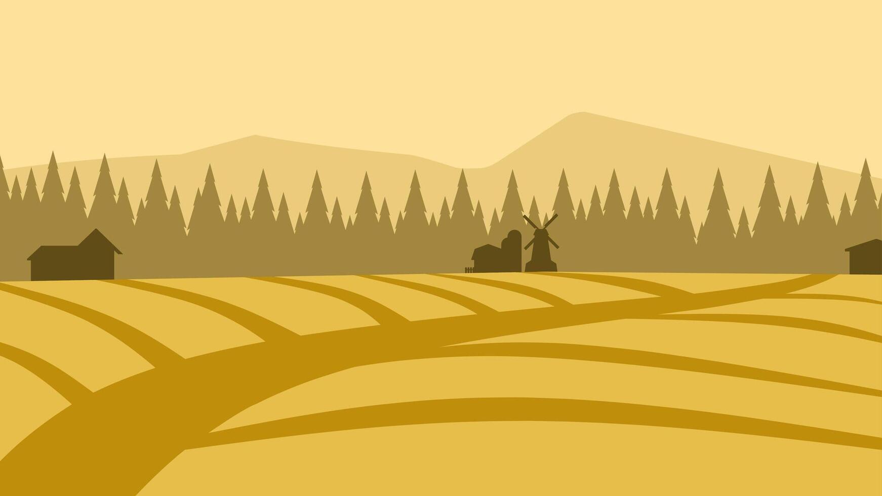Landscape illustration of wheat farm in countryside vector