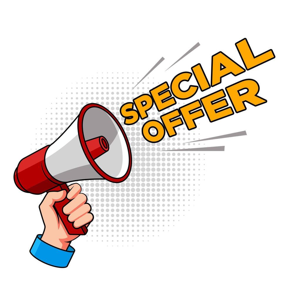 Hand hold megaphone with special offer text illustration. Suitable for marketing and promotion banner. vector