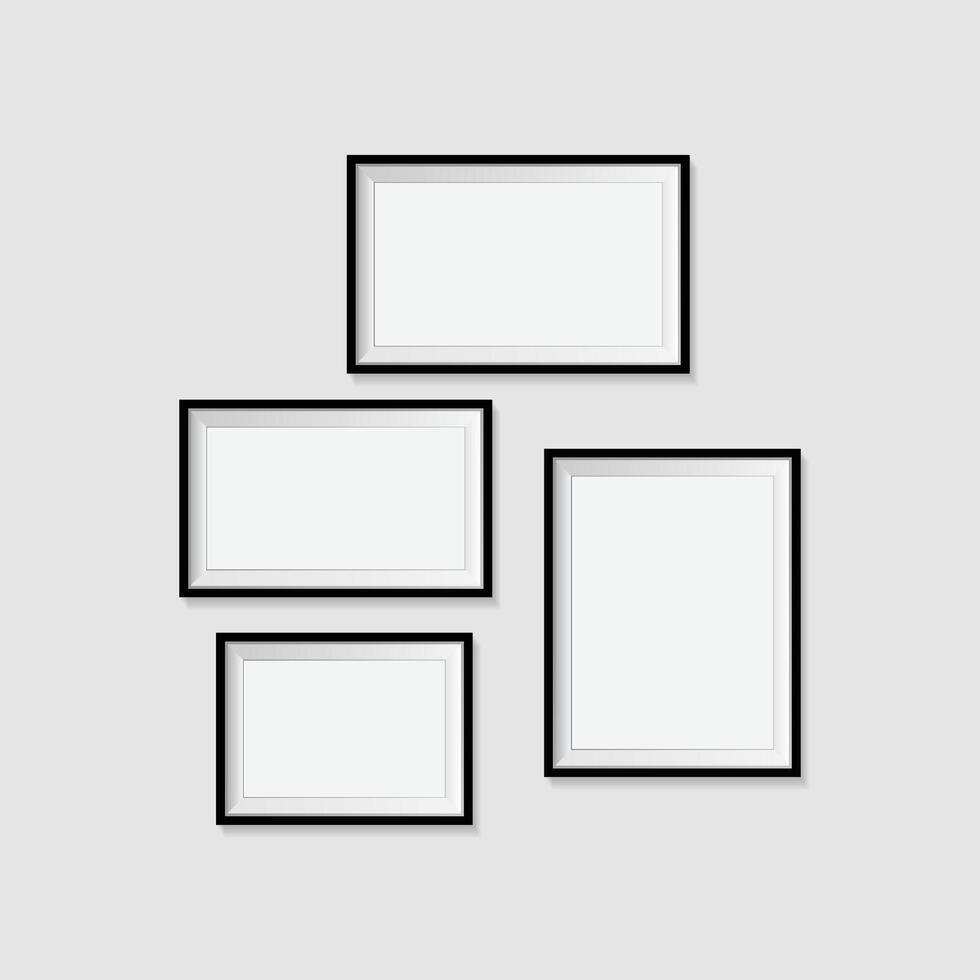 Different size framed photos hanging on the white wall vector