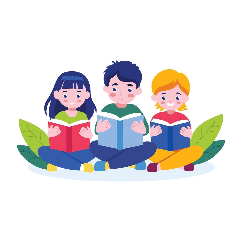 Kids reading books, a flat style illustration vector