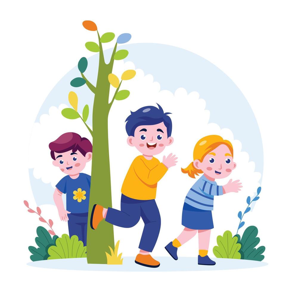 Children playing hide seek game, a flat style illustration vector