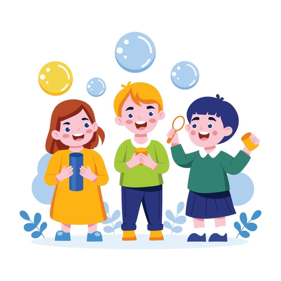 Kids blowing bubbles, a flat style illustration vector