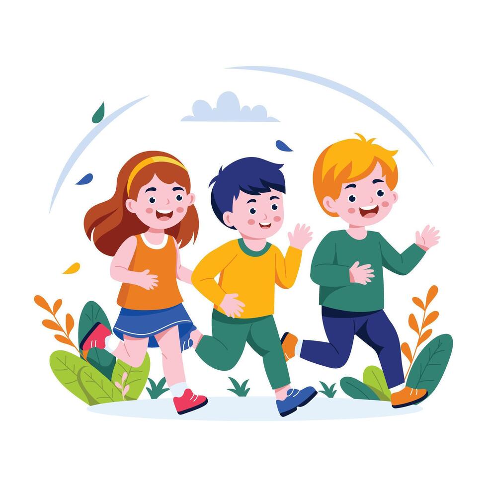 A flat style illustration of kids running in a garden vector